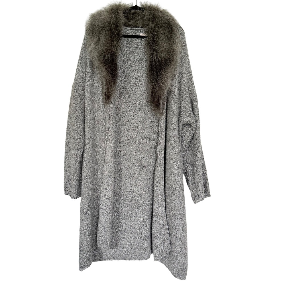 Merona Cardigan Women 3X Gray Faux Fur Collar Metallic Knit Longline Duster